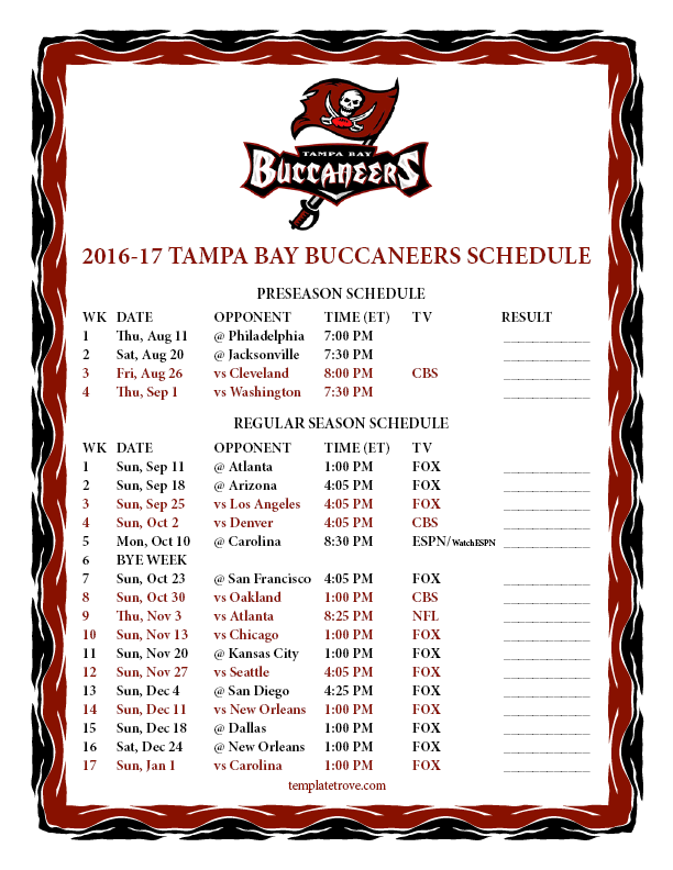 Printable 2016 2017 Tampa Bay Buccaneers Schedule
