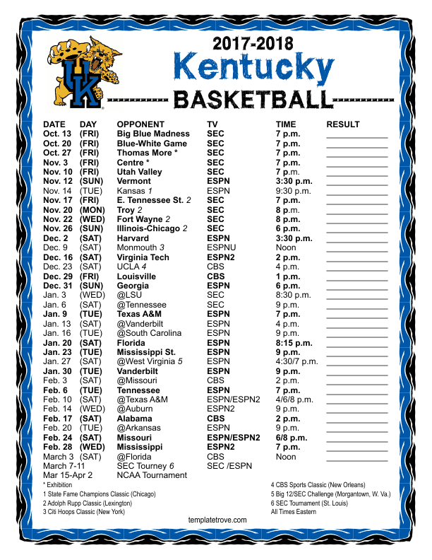 Printable 2017 2018 Kentucky Wildcats Basketball Schedule