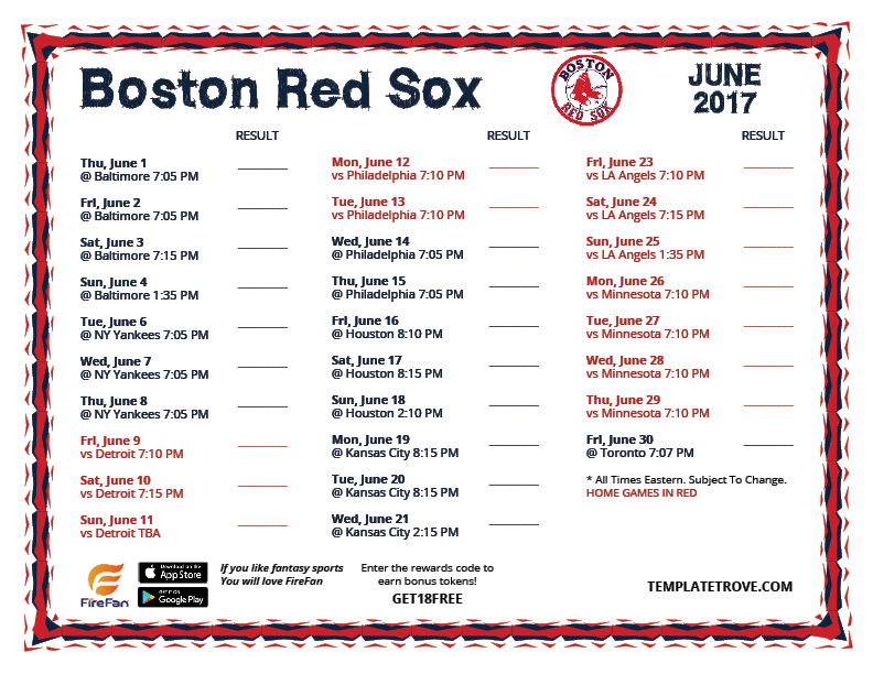 Printable 2017 Boston Red Sox Schedule