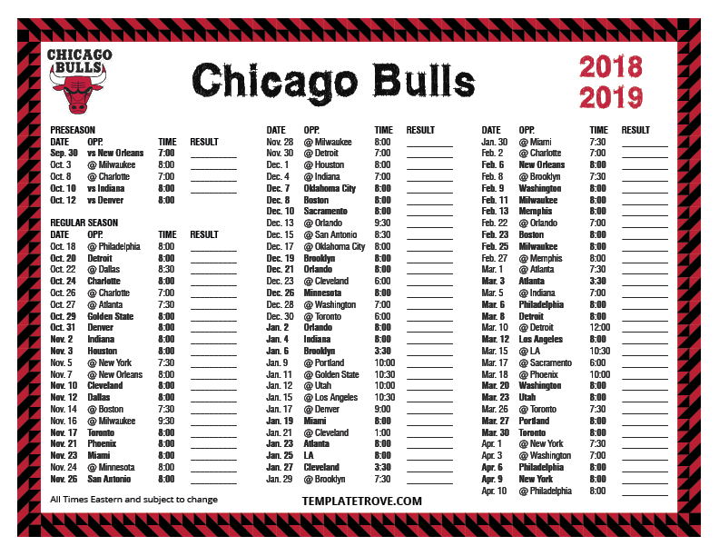 Printable 2018 2019 Chicago Bulls Schedule