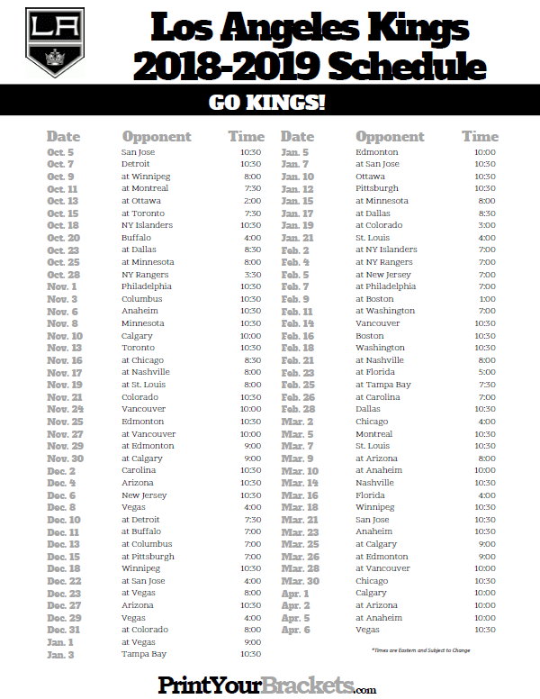 Printable 2018 2019 Los Angeles Kings Hockey Schedule 