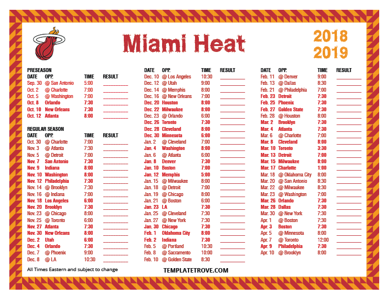 Printable 2018 2019 Miami Heat Schedule