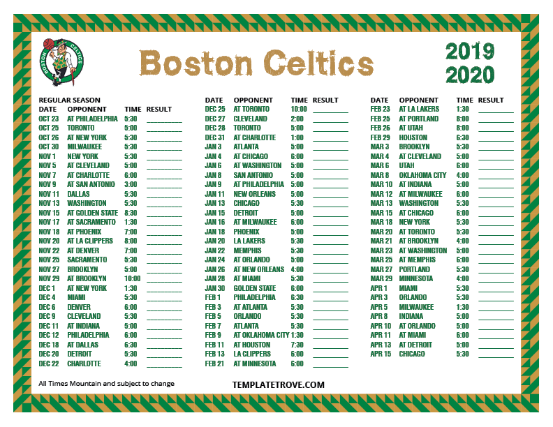 Printable 2019 2020 Boston Celtics Schedule