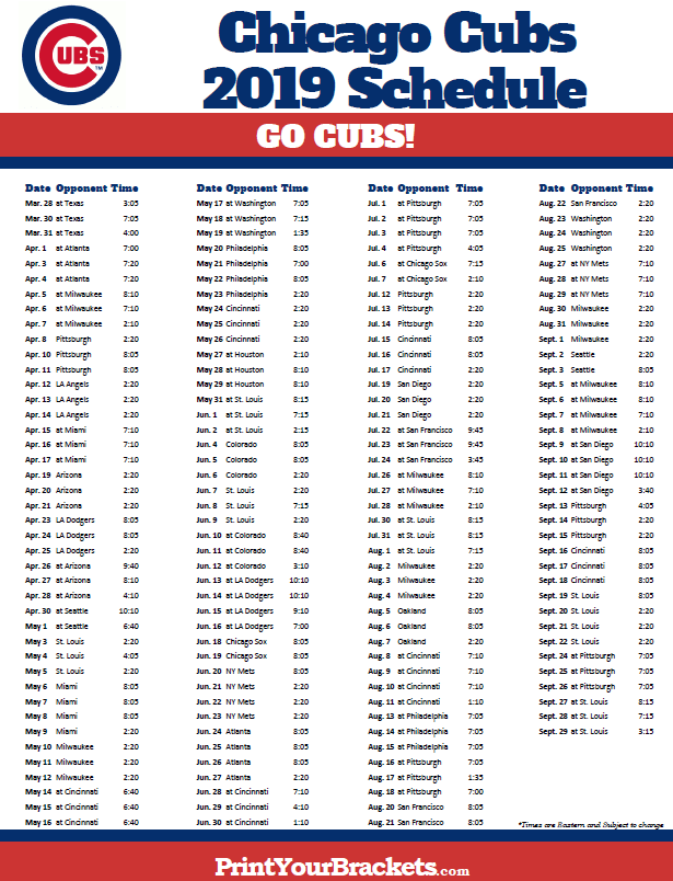 Printable 2019 Chicago Cubs Schedule Cubs Baseball 