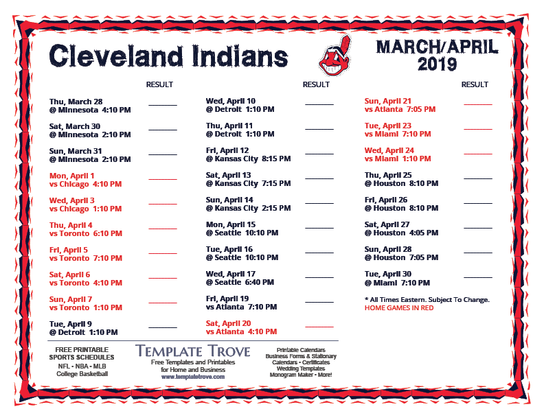 Printable 2019 Cleveland Indians Schedule
