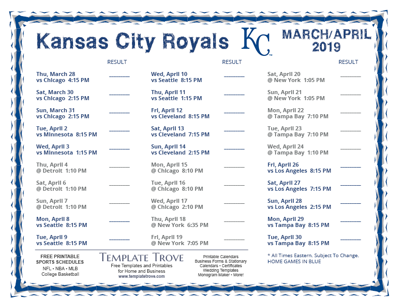 Printable 2019 Kansas City Royals Schedule