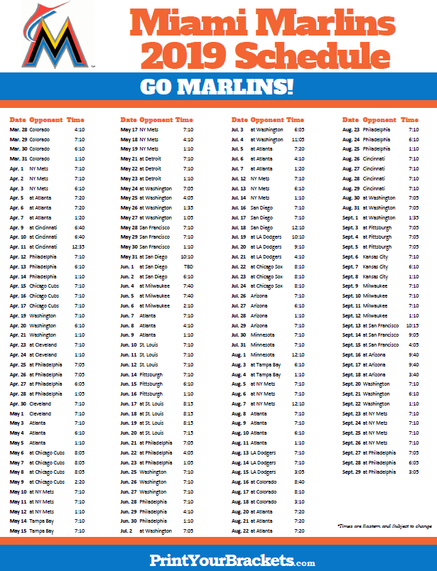 Printable 2019 Miami Marlins Schedule Miami Marlins