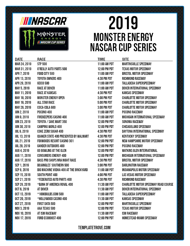 Printable 2019 NASCAR Schedule