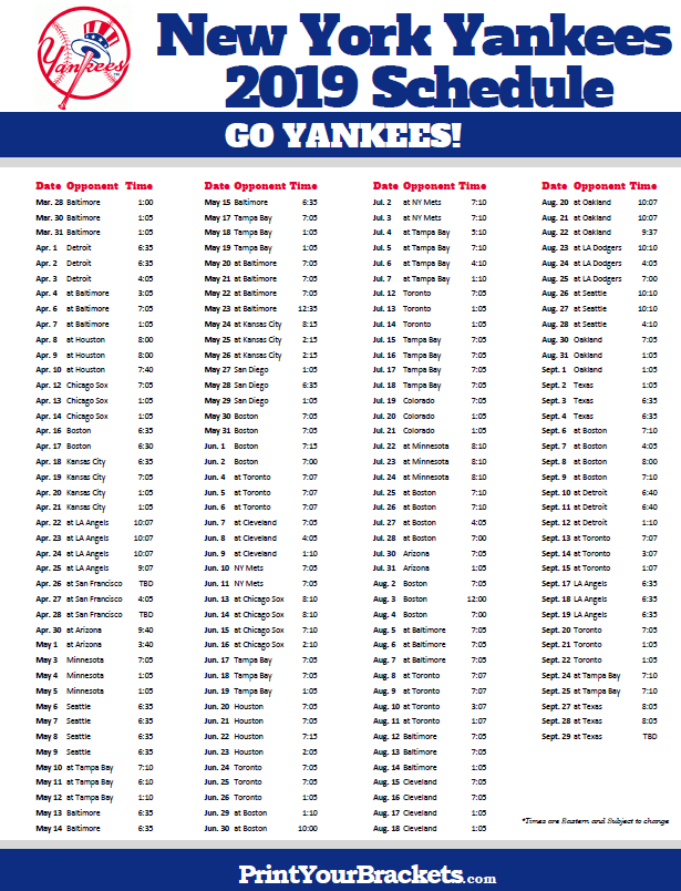 Printable 2019 New York Yankees Schedule Printable MLB 