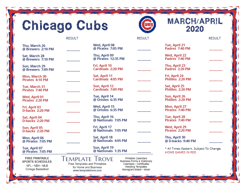 Printable 2020 Chicago Cubs Schedule