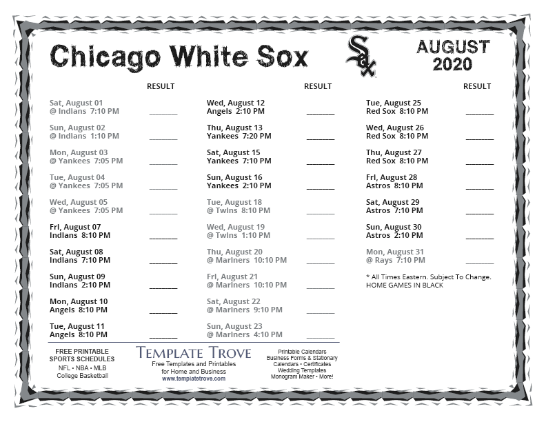 Printable 2020 Chicago White Sox Schedule