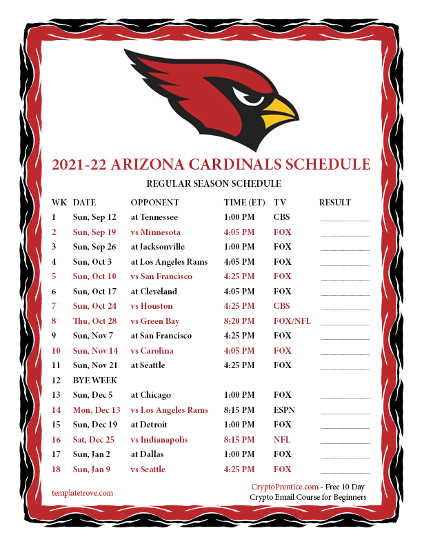 Printable 2021 2022 Arizona Cardinals Schedule Printable 