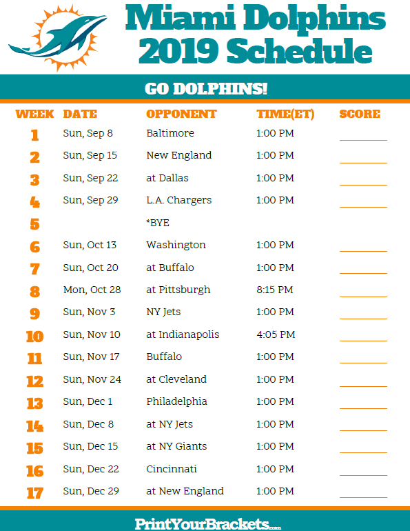 Printable Miami Dolphins Schedule 2019 Season Miami 