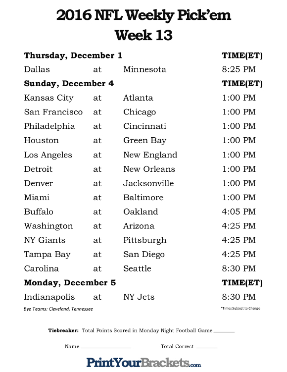 Printable NFL Week 13 Schedule Pick Em Office Pool 2016