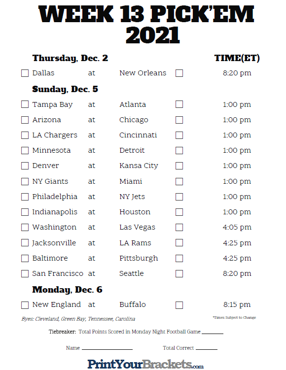 Week 13 Nfl Schedule Printable