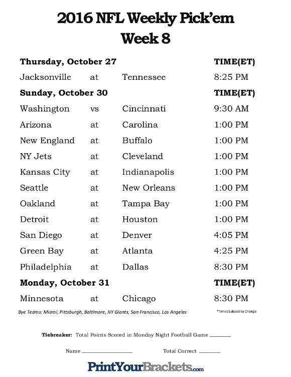 Printable NFL Week 8 Schedule Pick Em Office Pool 2016