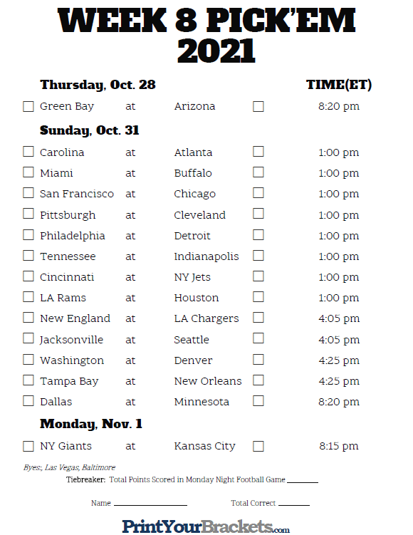 Printable NFL Week 8 Schedule Pick Em Pool 2021