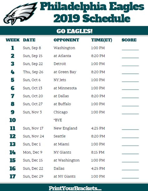 Printable Philadelphia Eagles Schedule 2019 Season With