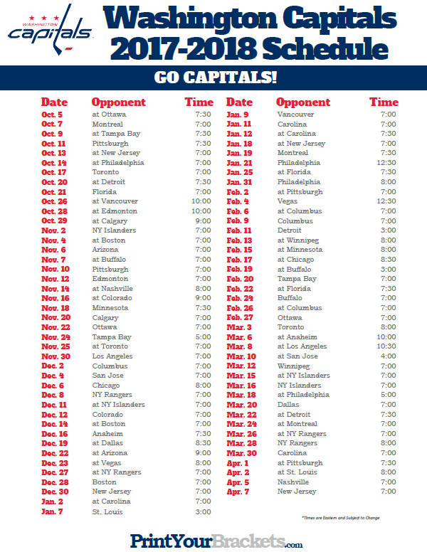 Printable Washington Capitals Hockey Schedule Los
