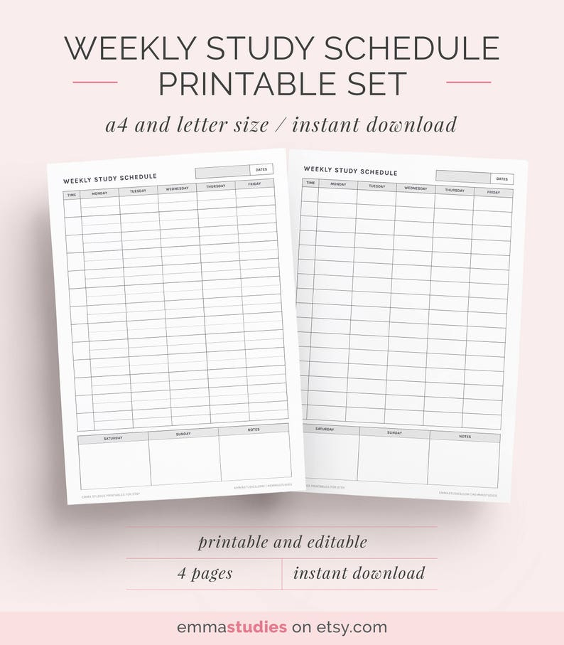 Weekly Study Schedule Printable Set Student Planner Agenda