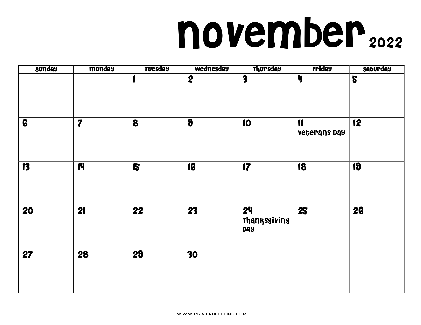 20 November 2022 Calendar Printable US Holidays Blank 