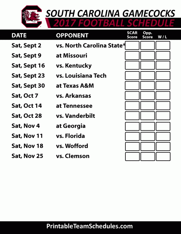 2017 South Carolina Gamecocks Football Printable Schedule