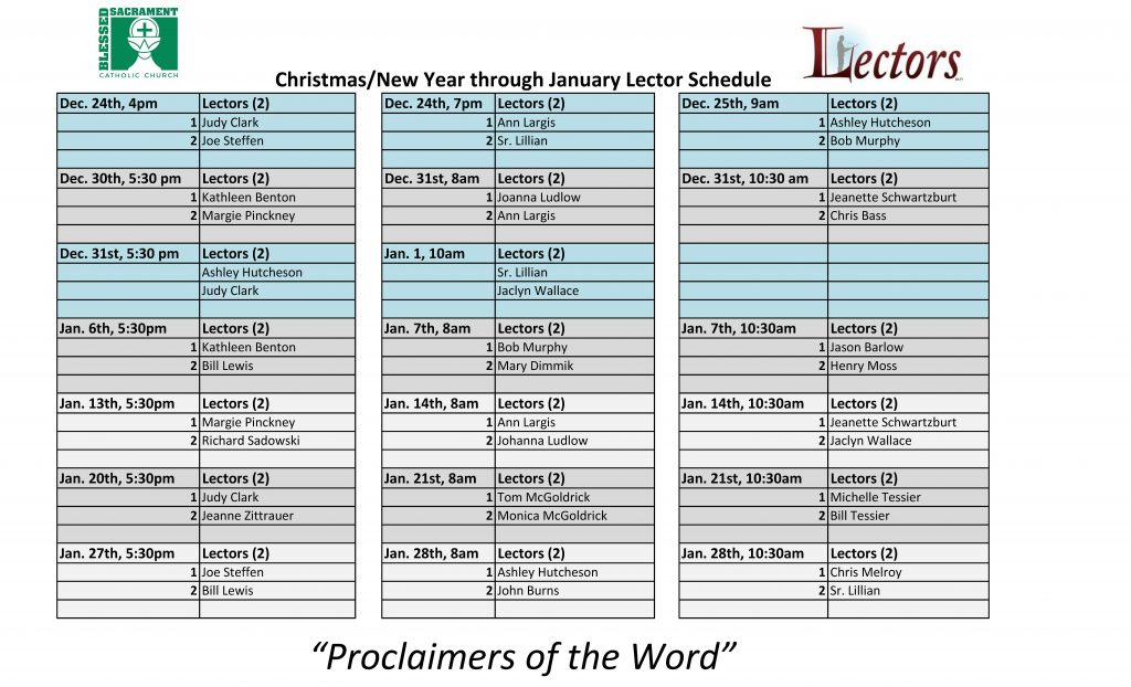 2017Dec 2018JanLector Schedule Christmas Thru January