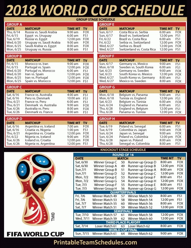 2018 FIFA World Cup Schedule World Cup Schedule World 