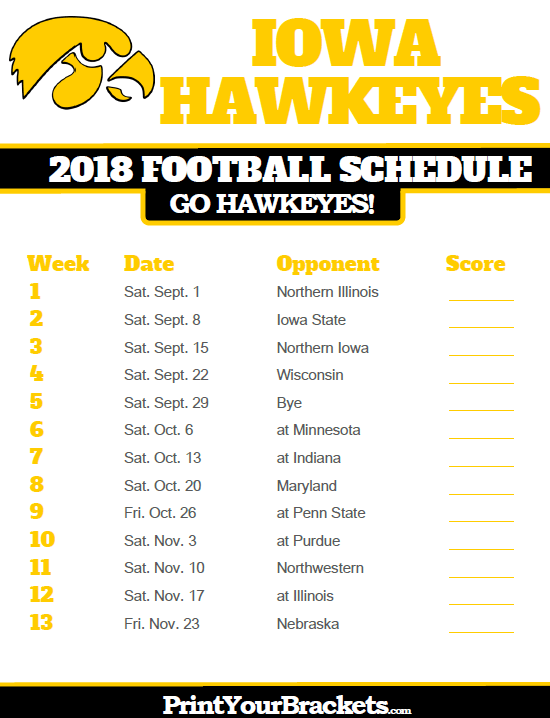 2018 Printable Iowa Hawkeyes Football Schedule Iowa 