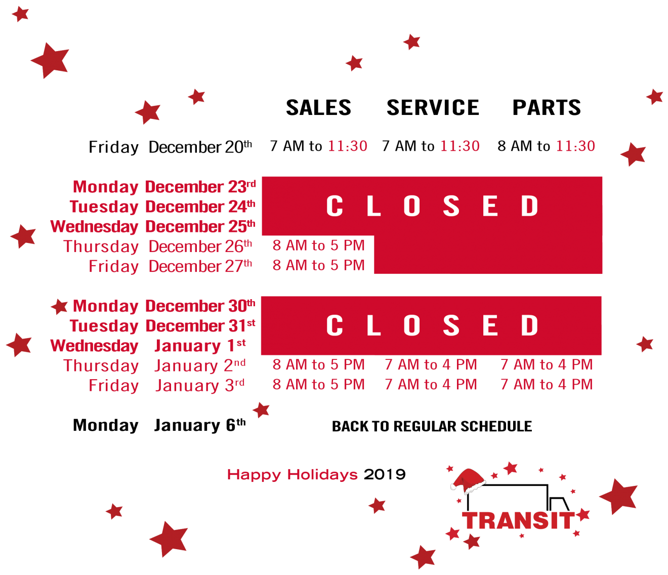 2019 Holiday Schedule Transit