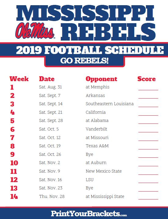 2019 Printable Mississippi Rebels Football Schedule 
