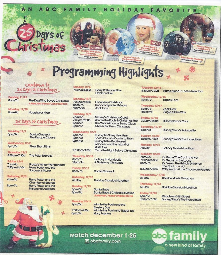 Abc Family 25 Days Of Christmas 2021 Printable Schedule 