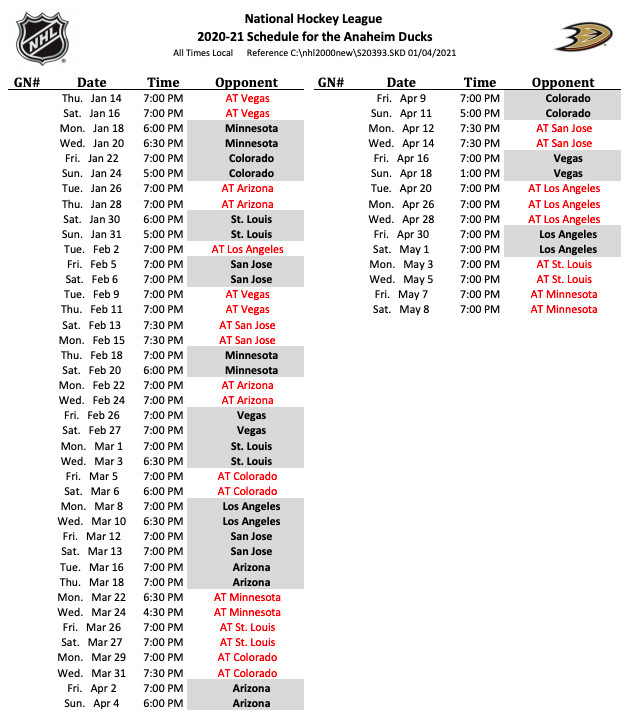 Anaheim Ducks Printable Schedule Printable Schedule