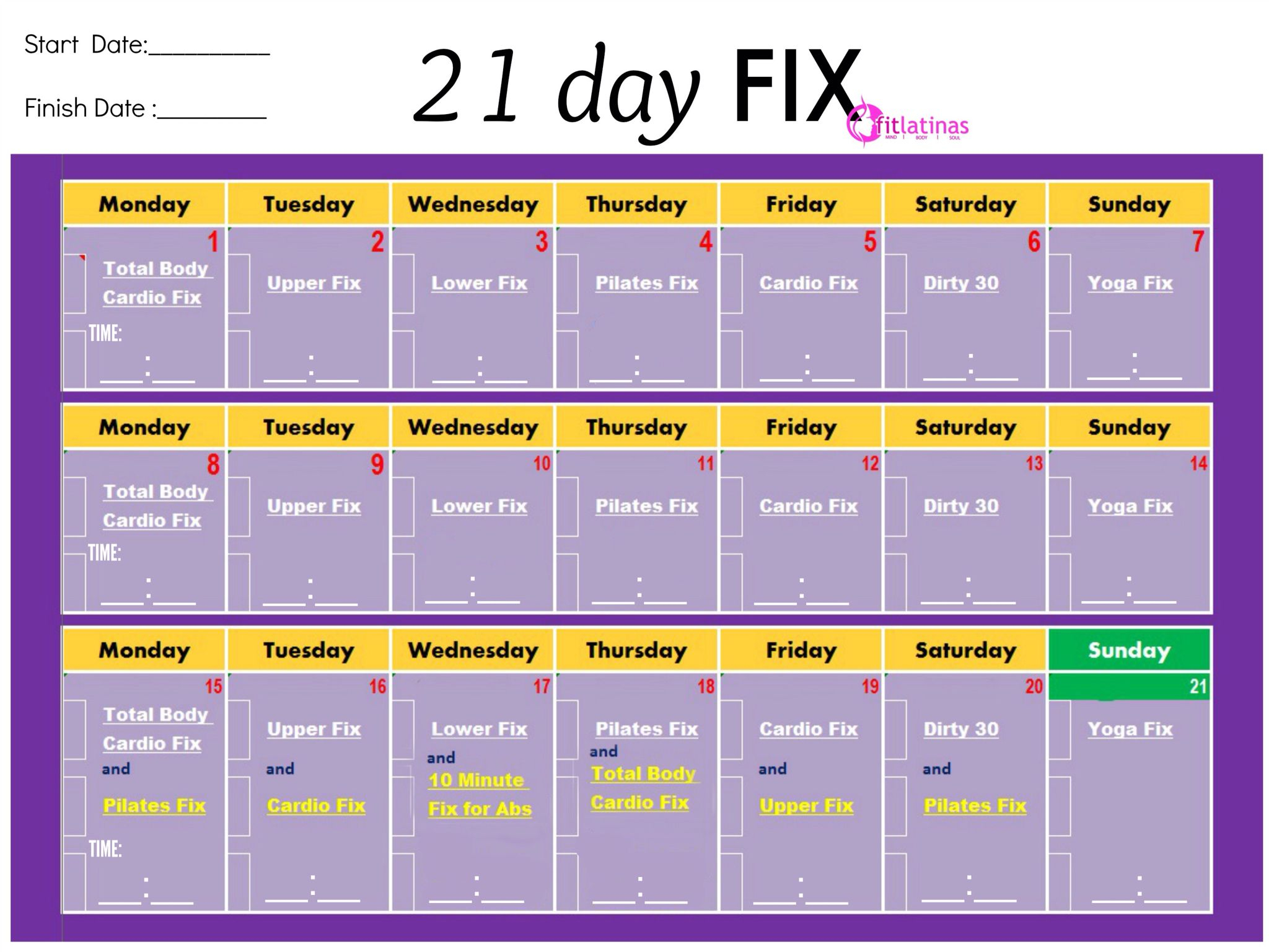 Another Easy Printable Chart 21 Day Fix Workouts 21 Day 