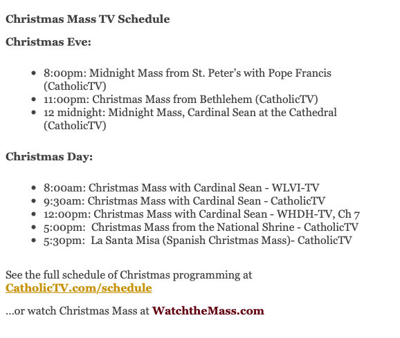 Catholic TV Christmas Schedule Walpole Catholic