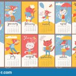 Cats And Foxes Vector 2021 Calendar In Flat Style Stock