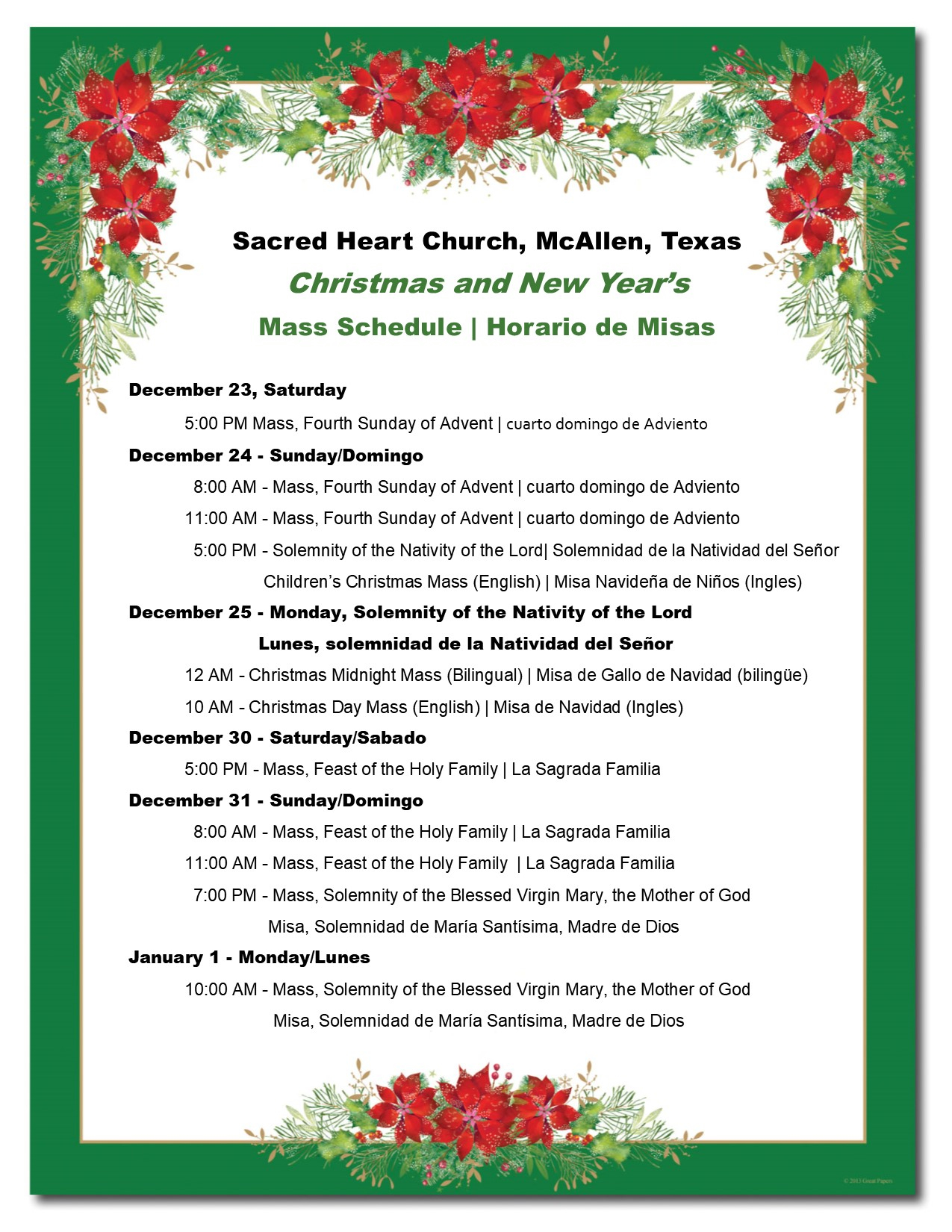 Christmas And New Year s Mass Schedule Sacred Heart 