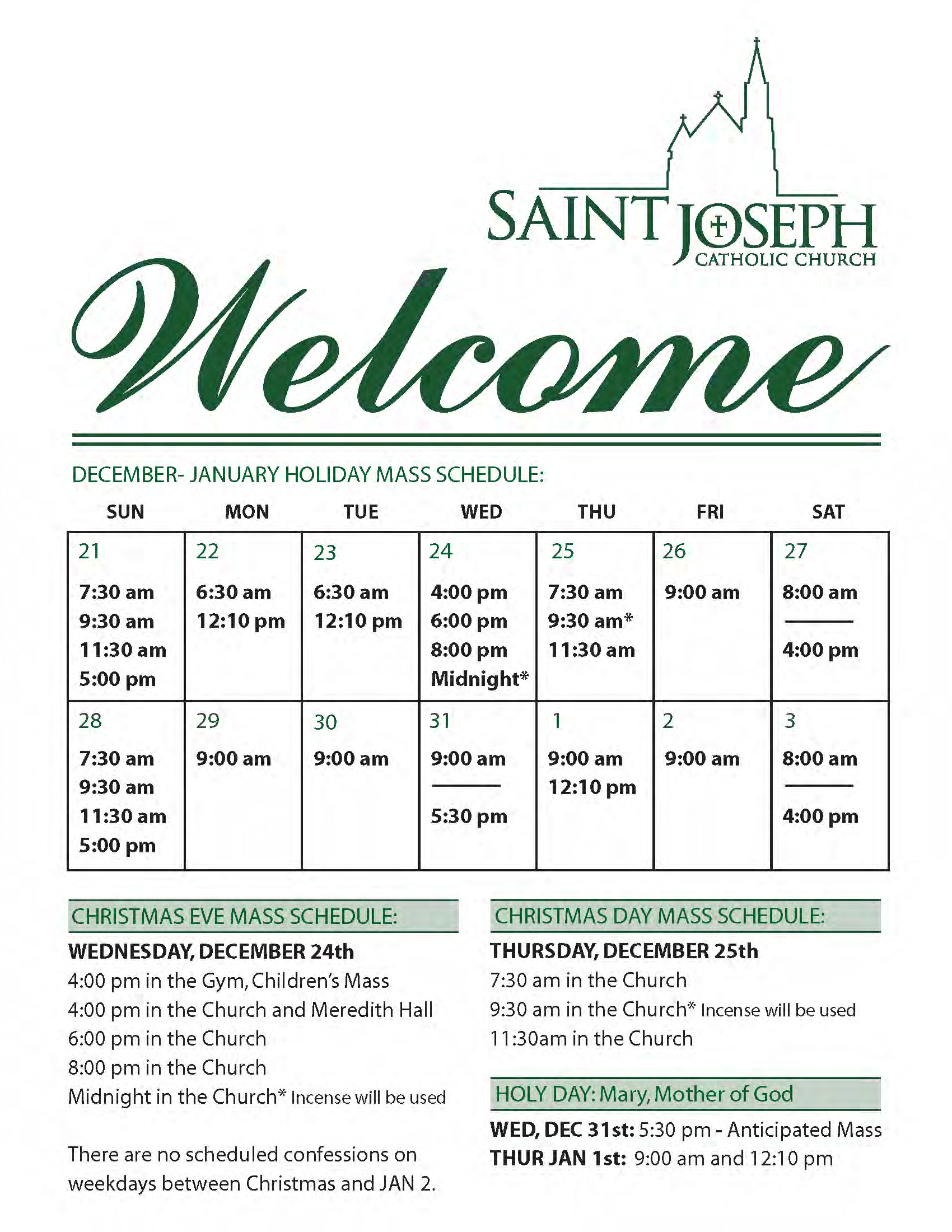 Christmas january mass schedule 2014 2015 Saint Joseph