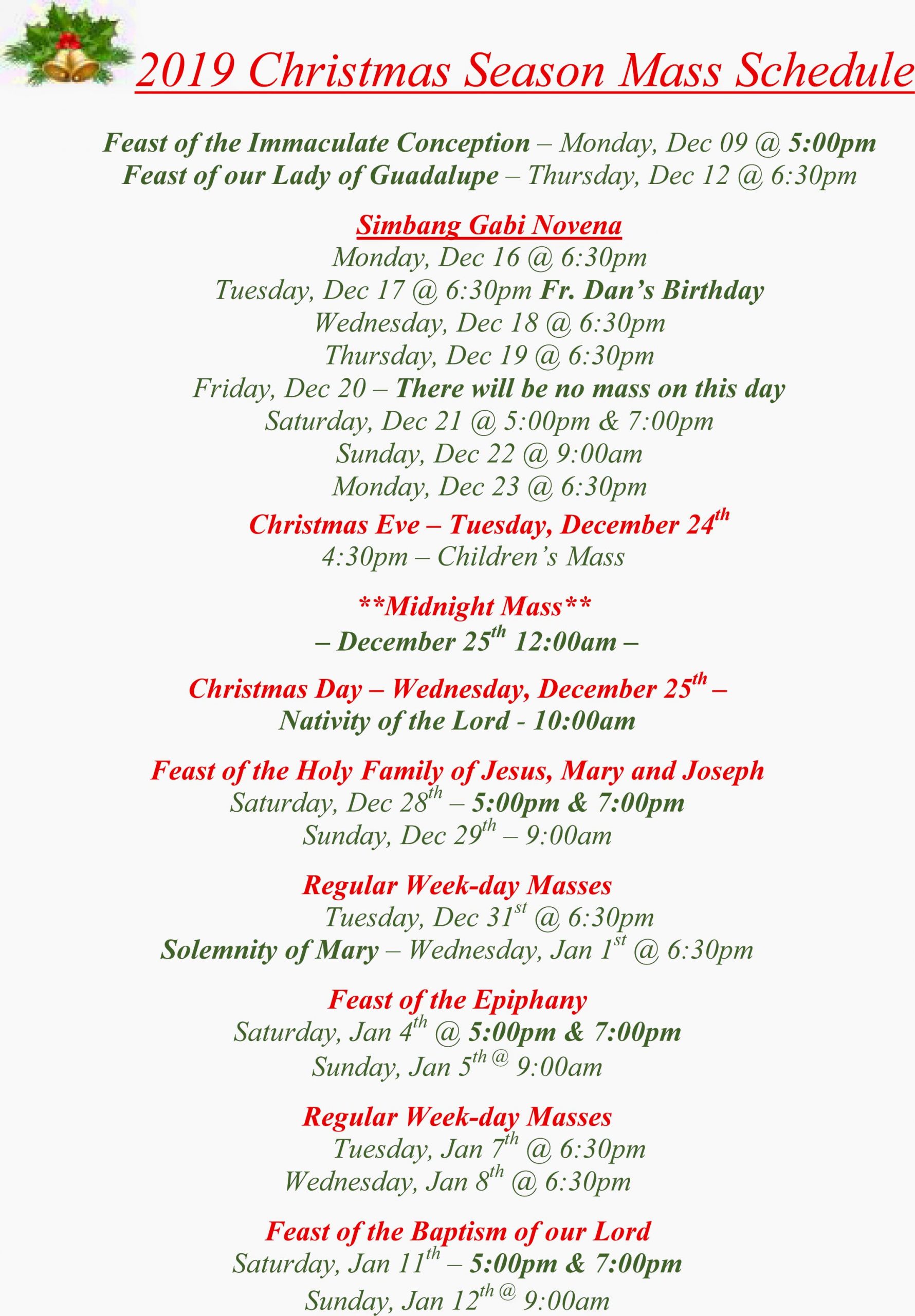 Christmas Mass Schedule 2019 St Mary s Parish Banff