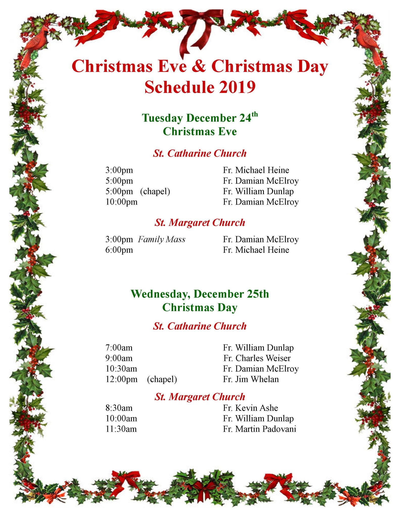 Christmas Mass Schedule St Catharine St Margaret 