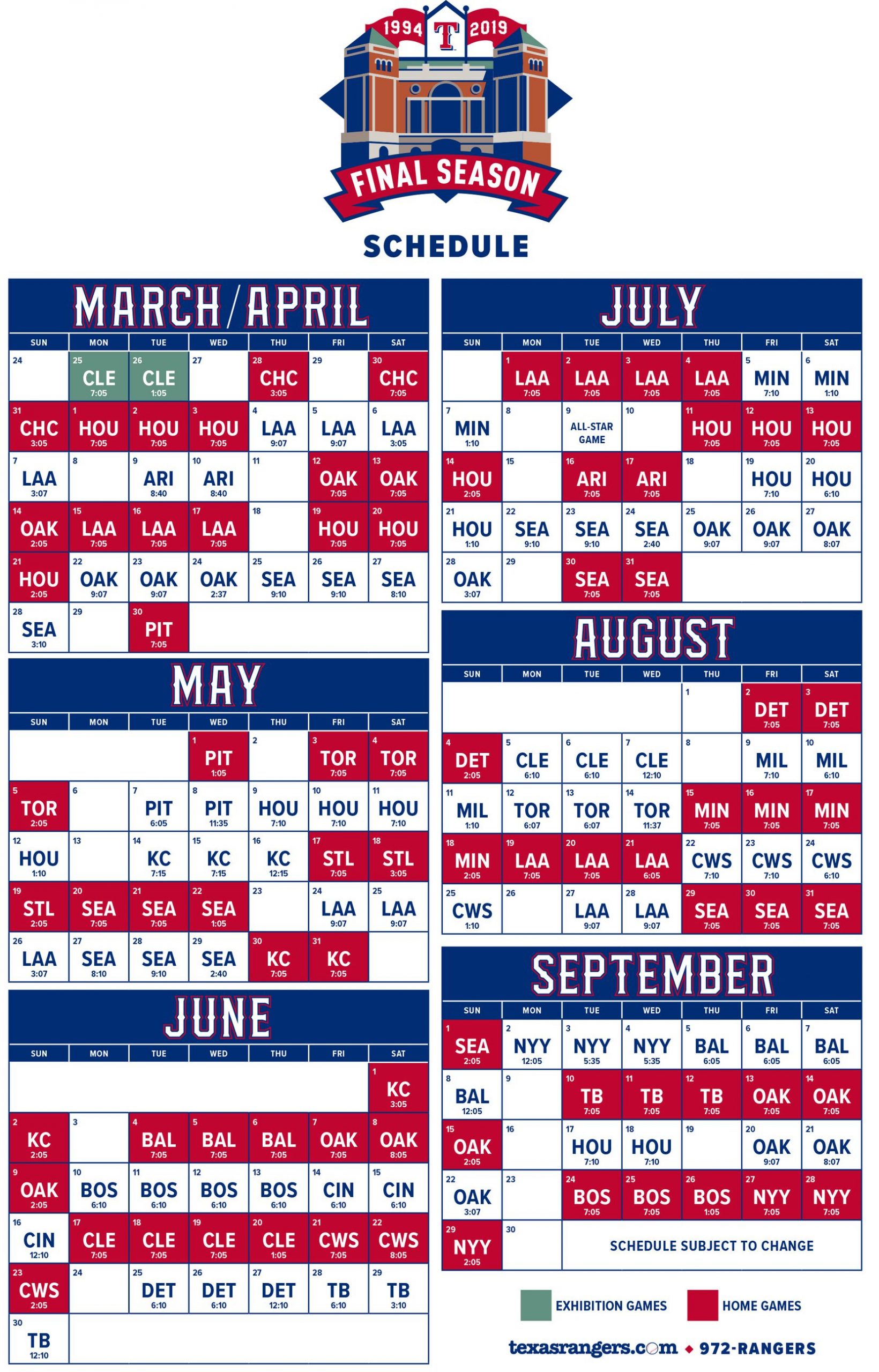 Complete Texas Rangers 2019 Season Schedule Released 