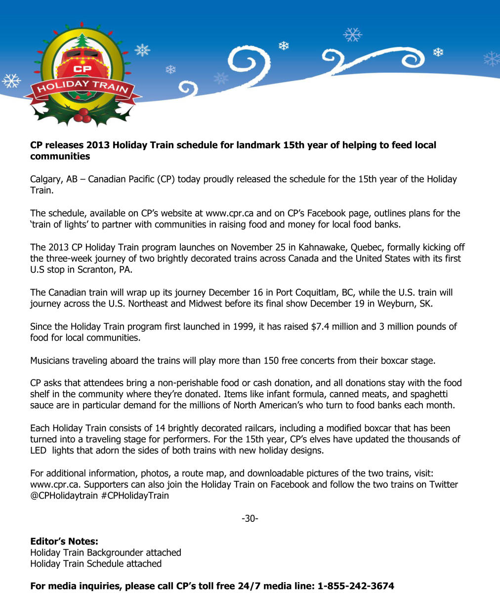 CP Releases 2013 Holiday Train Schedule For Landmark 15th 