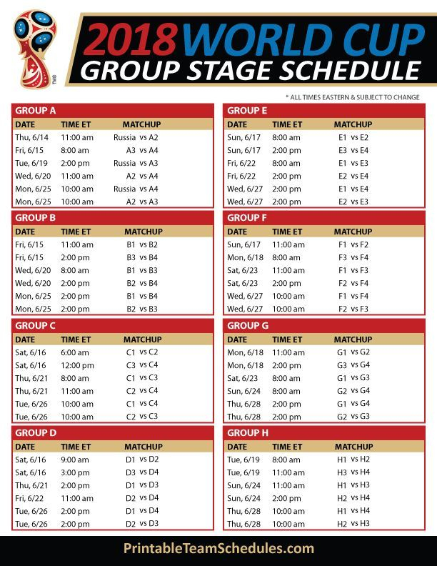 FIFA World Cup Group Stage Schedule 2018 Print