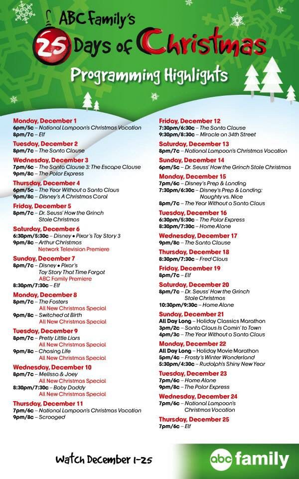 Hallmark Channel Christmas Movie Schedule 2014 25 Days 
