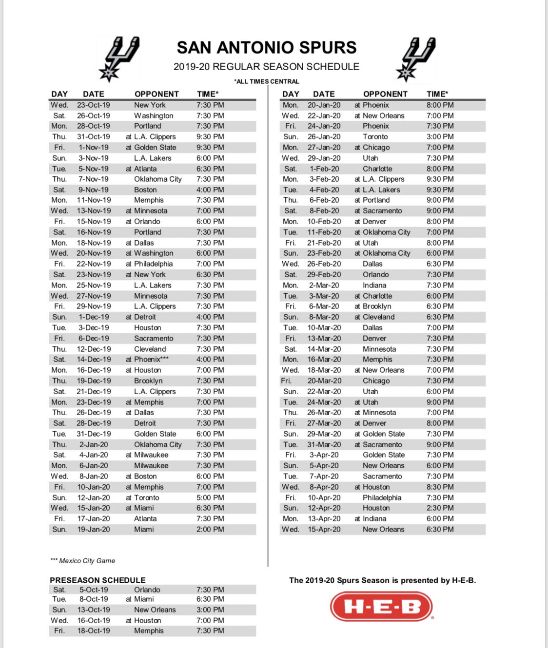 Handy San Antonio Spurs Schedule Printable Derrick Website