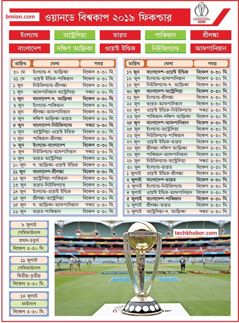 ICC World Cup 2019 Bangladesh Time Schedule PDF Download 