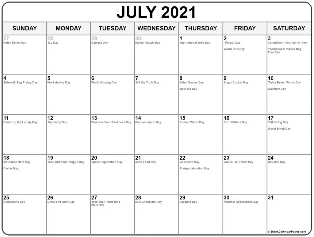 July 2021 With Holidays Calendar