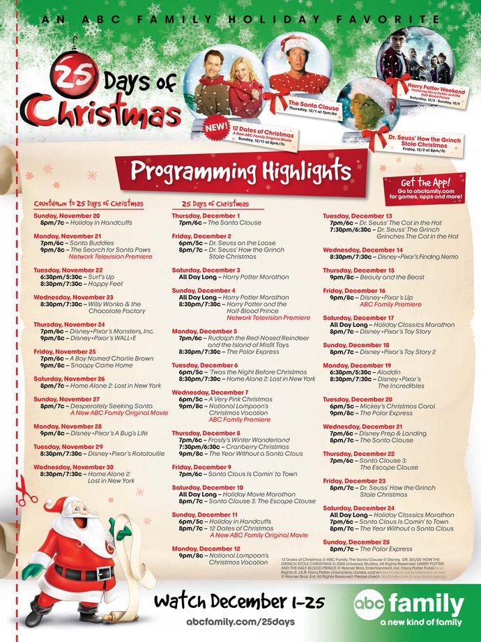 List Of Days And Times For Abcfamily Christmas Movies 