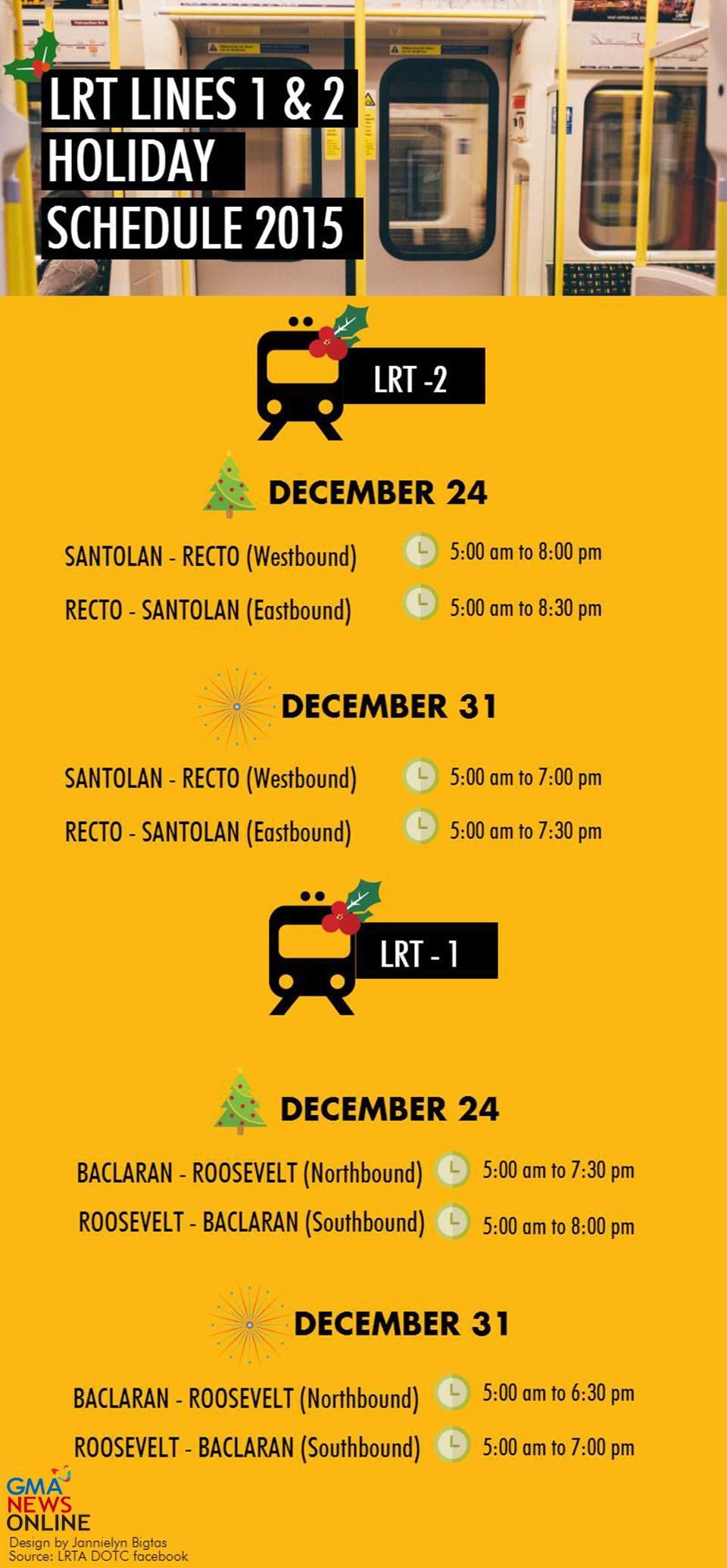 LRT Lines 1 And 2 Operating Schedule For Christmas And New 