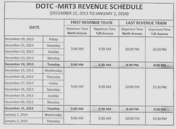 LRT MRT Schedule Christmas Holidays 2013 New Year 